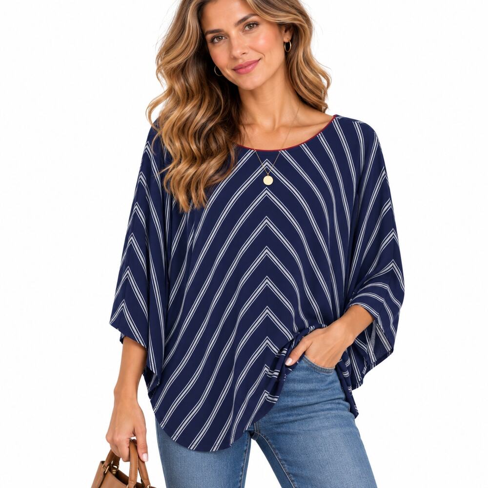 Susan Graver Liquid Knit Poncho Blouse Women Size 3X Navy Striped Casual Coastal
